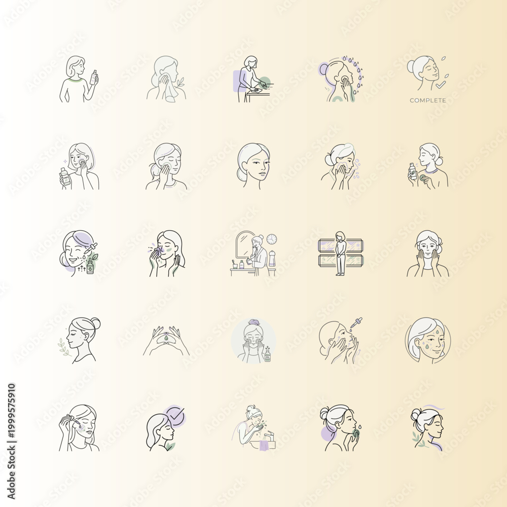 Fototapeta premium Skincare routine steps outline icon set or Woman applying products line art icons