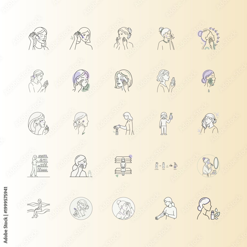Fototapeta premium Skincare Routine Steps Outline Vector or Woman Skincare Steps Line Art Vector