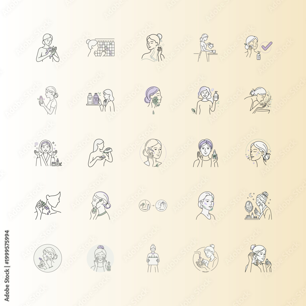 Fototapeta premium Skincare Routine Woman Icons Set or Minimalist Skin Care Process Steps Icons