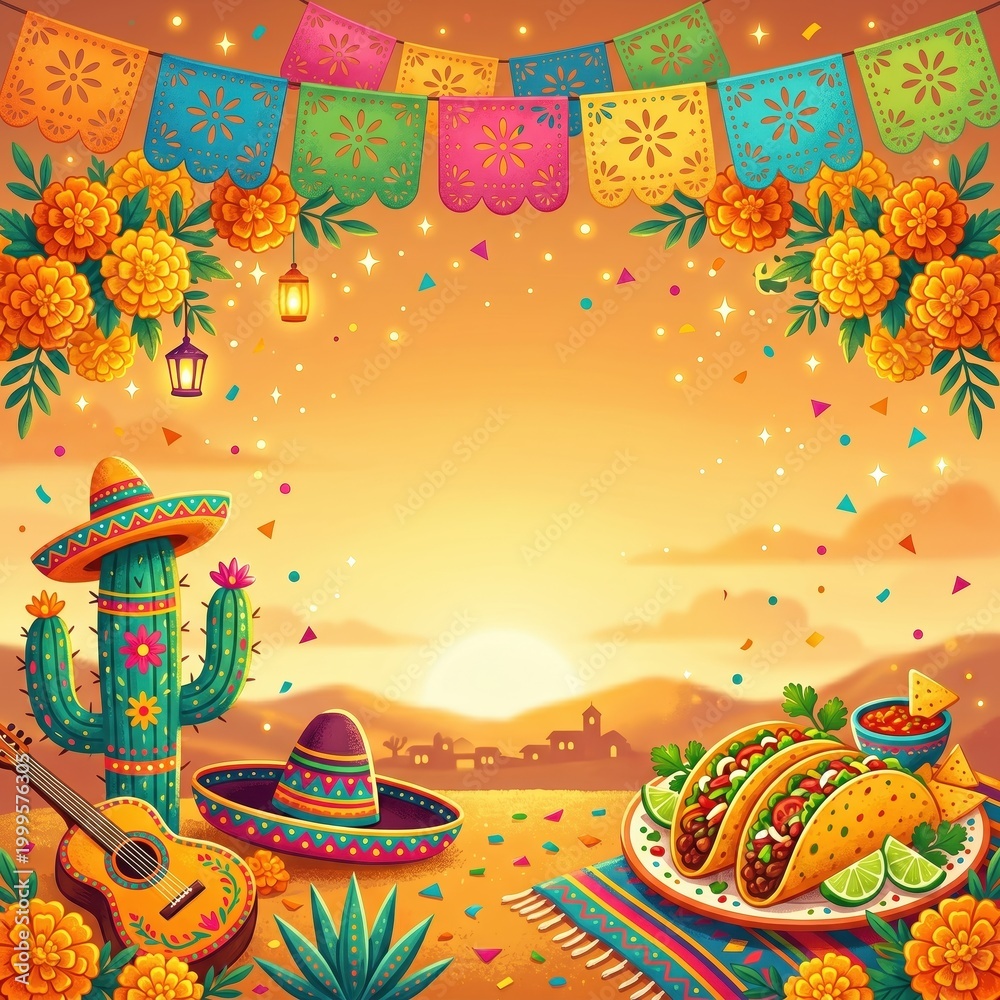 Fototapeta premium A vibrant celebration scene with tacos, marigolds, a guitar, and festive decorations during a sunset.