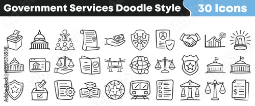 Collection of hand drawn doodle style icons representing government and public services