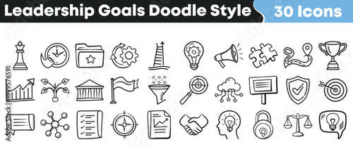 Collection of leadership goals doodle style icons representing business success and strategy