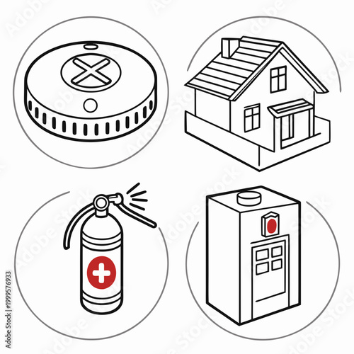 Line of home safety devices line home safety smoke detector fire extinguisher house