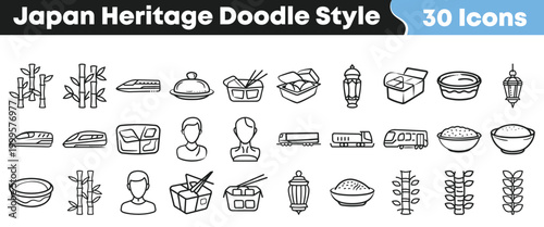Hand-drawn doodle style icon set featuring Japanese heritage and cultural symbols