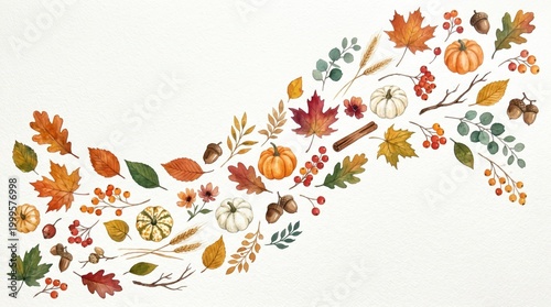 Watercolor painting of colorful fall leaves, pumpkins, gourds, and acorns arranged in a wave