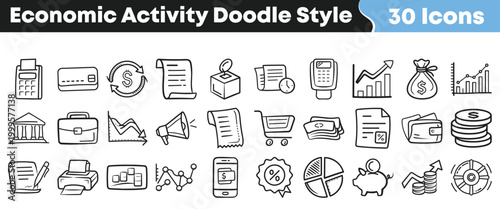 Collection of doodle style icons representing economic activity and financial concepts