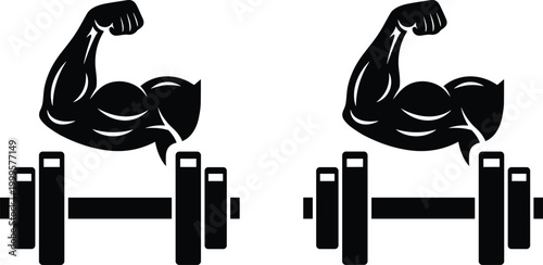 Fitness silhouette vector illustration set, icons with muscular arm and barbell representing strength, bodybuilding, gym and workout theme - flat vector illustration