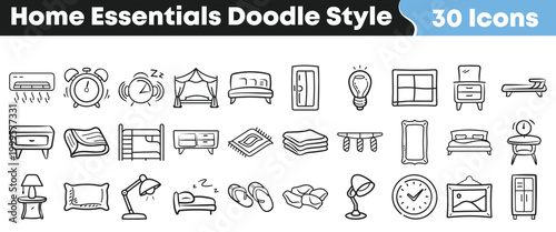 Set of hand drawn home essential icons for interior design project plans