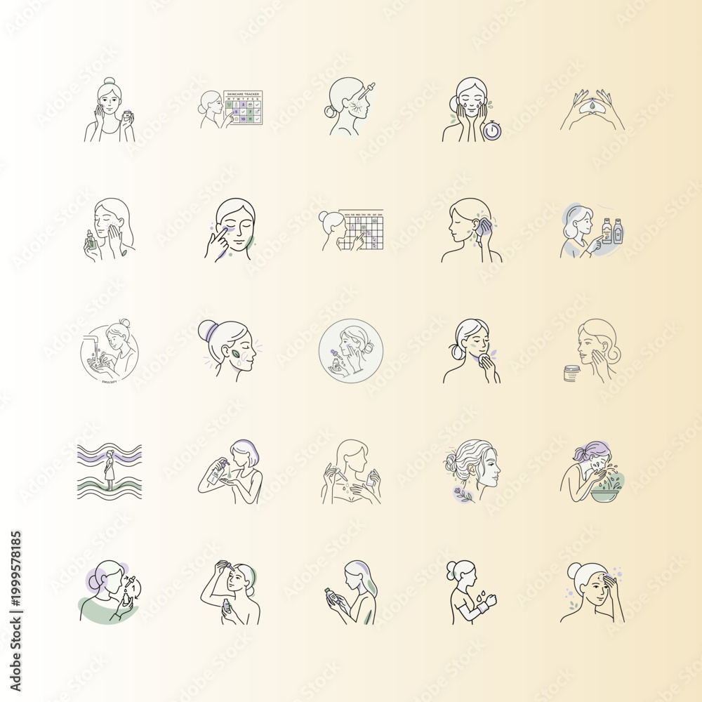 Fototapeta premium Woman skincare steps minimal vector illustration or Skincare routine steps outline style vector