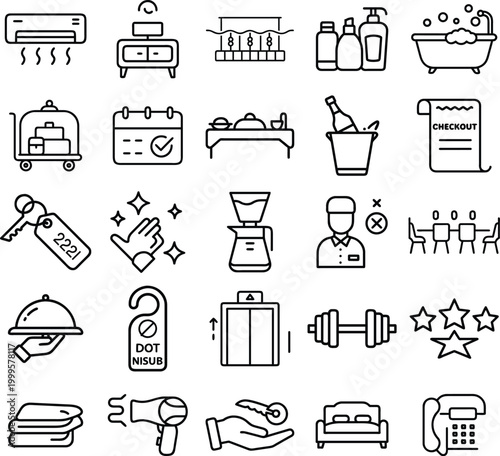 Set of black line hotel and travel icons featuring room service luggage and amenities for hospitality industry services collection on a simple design style layout