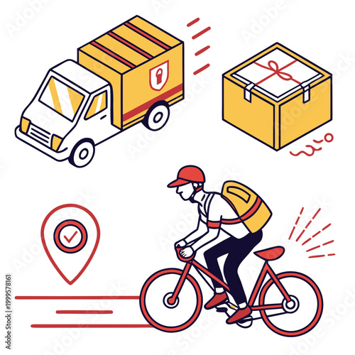 Delivery person on bicycle with truck and package