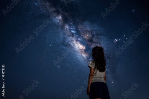 Young girl gazing at milky way galaxy in night sky