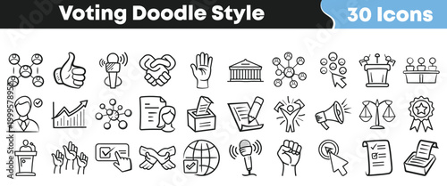 Collection of hand-drawn doodle icons representing voting and civic engagement themes