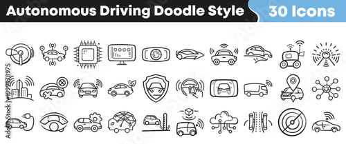 A comprehensive set of thirty hand-drawn autonomous driving technology doodle icons.