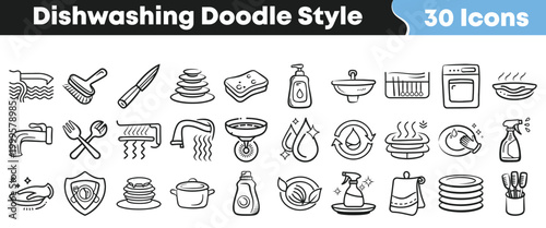Collection of hand-drawn doodle style icons representing dishwashing actions and tools