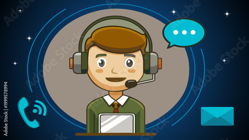 Male operator providing online assistance. Concept for call center, help desk, telemarketing, and 24/7 customer service support in flat design style.