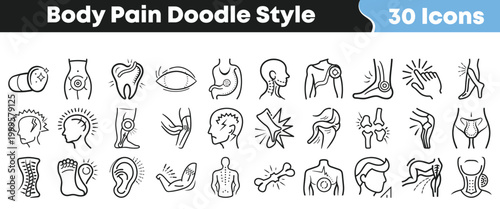 Doodle style icons illustrating various human body pains and medical conditions
