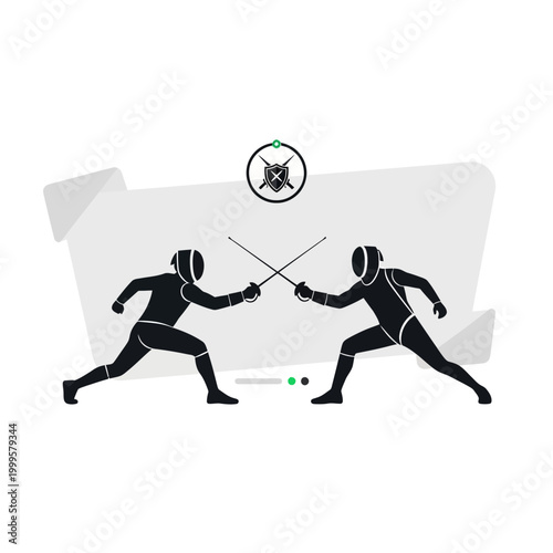 Two Fencers Silhouettes in Duel, Sword Fighting Competition, Sport Illustration