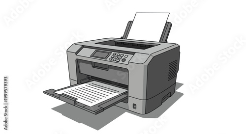 Grayscale office printer actively processing paper, representing documentation, printing services, and essential office work.