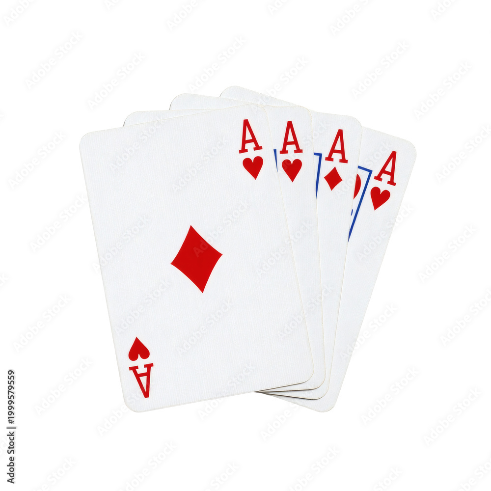 Obraz premium Four aces poker hand isolated on white background, symbolizing luck and winning strategy