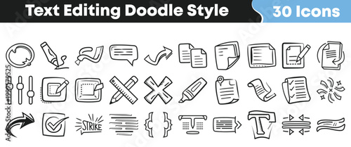 Collection of 30 hand-drawn doodle style icons for text editing functions