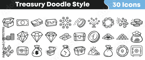 Collection of hand drawn treasury icons featuring various wealth and money related symbols