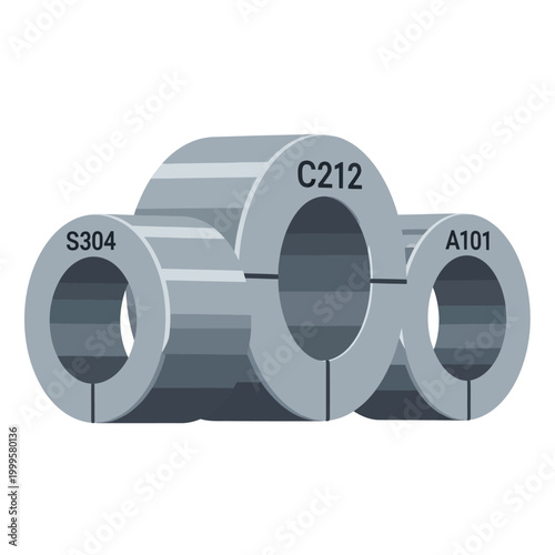 Three Industrial Metal Rings with Labels S304, C212, A101 - Precision Engineering Components