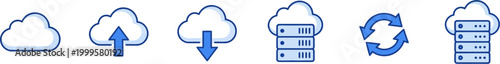 Cloud icons representing data transfer and synchronization on servers