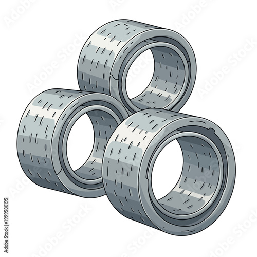 Three industrial roller bearings stacked in a clean white background illustration