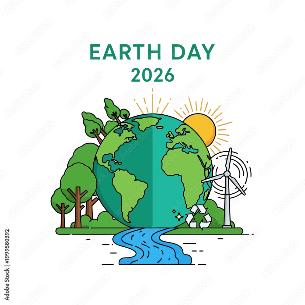 Fototapeta premium Earth Day 2026 Planet with Nature, Wind Turbine, Recycling Symbol, Sun, River