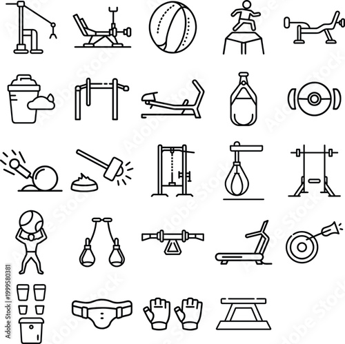 Gym equipment line icons set, 25 fitness and bodybuilding vector elements, workout machinery and exercise tools collection for health club branding