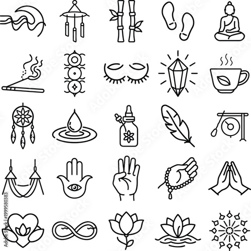 Zen meditation line icons set, 25 spiritual wellness symbols in EPS format, yoga and mindfulness vector elements for spa and holistic healing branding