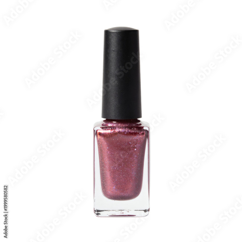 Close up of purple glitter nail polish bottle with black cap on white backdrop
