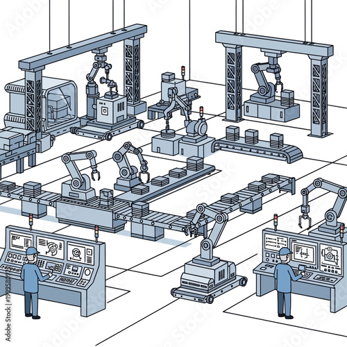 Automated Factory Assembly Line with Robotic Arms and Control Panels