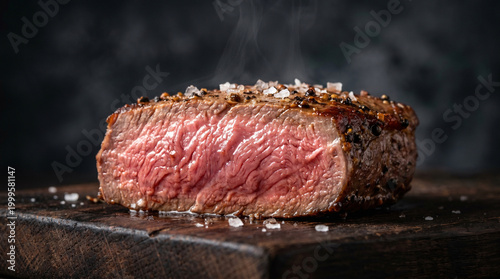 Macro close-up of a juicy medium-rare steak slice with vibrant pink center and seared crust. Glistening meat texture with salt and pepper. Premium gourmet food background.