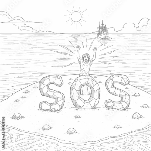 Stranded person on a deserted island sending an sos signal made of rocks for rescue with black and white line art stranded