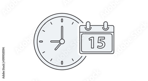 Clock alongside a calendar displaying the number 15, emphasizing crucial time management, precise scheduling, and deadline adherence.
