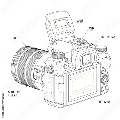 Detailed line art illustration of a professional dslr camera with labeled parts and functions hot shoe shutter release isolated