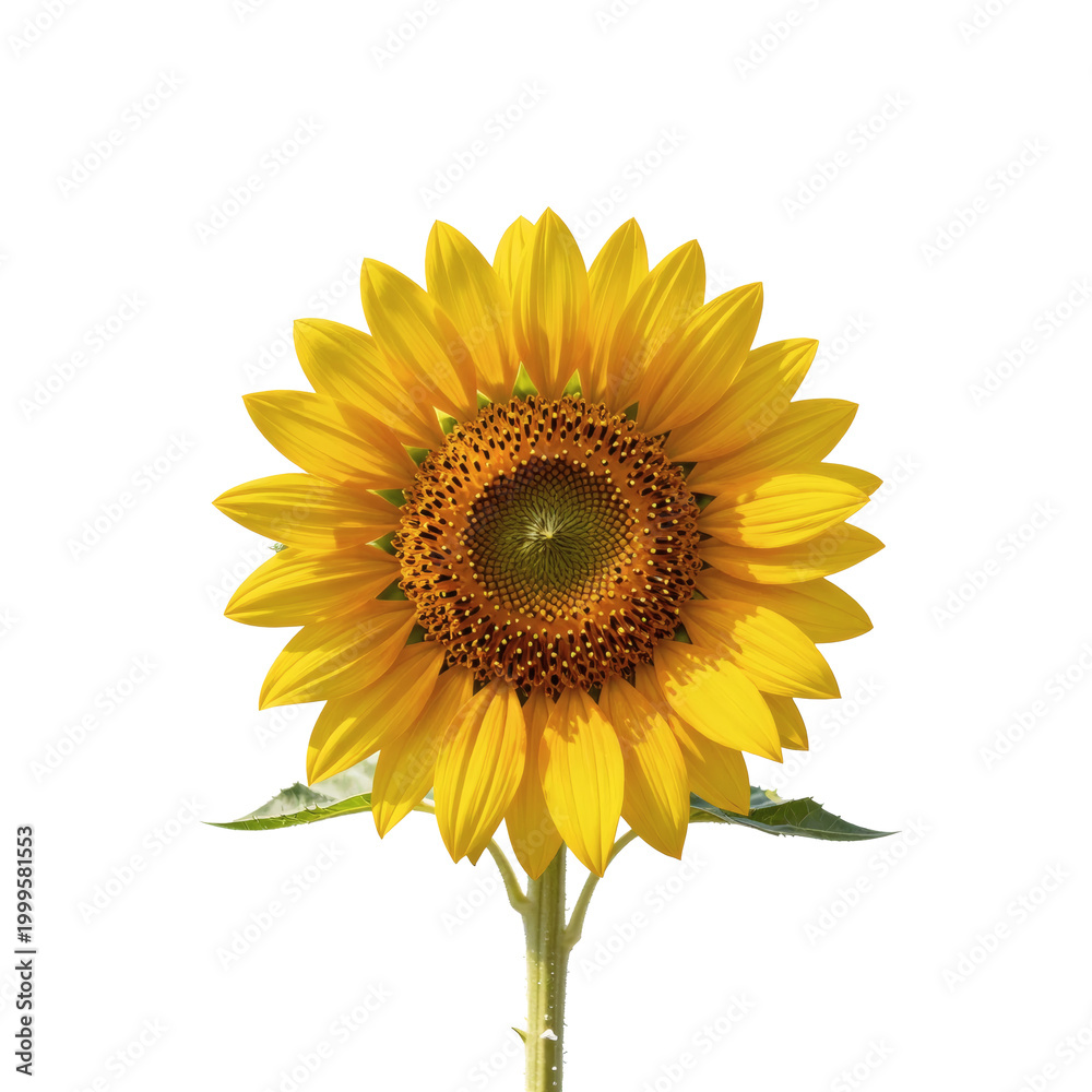 Fototapeta premium Vibrant sunflower stands tall against a clean white background, presenting its beauty