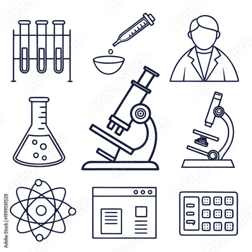 Laboratory equipment and science including microscopes and test tubes beakers