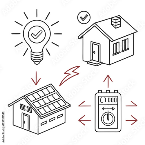 Solar energy and house with electricity meter and light bulb