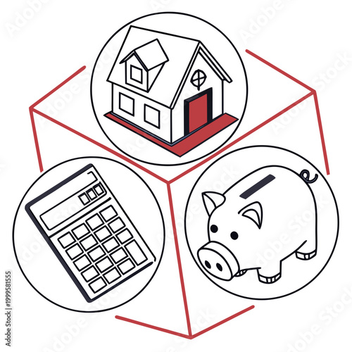 House, calculator, and piggy bank in circles on a cube
