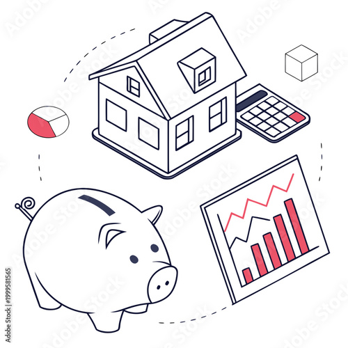 House, piggy bank, and financial graph with calculator