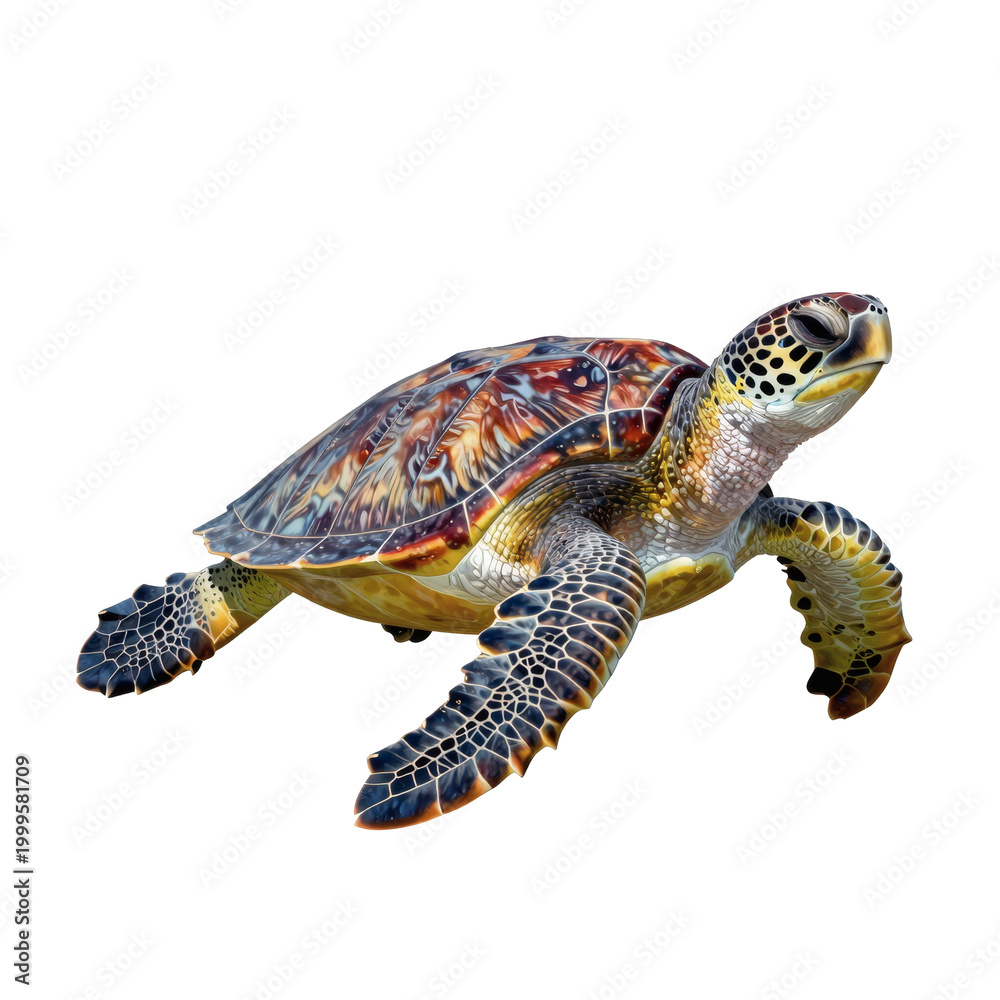 Fototapeta premium Sea turtle gracefully swimming in the ocean with a white background