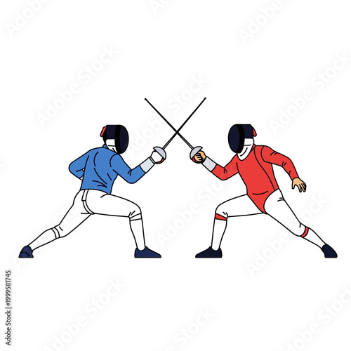 Two Fencers in Protective Gear Sparring with Swords on White Background