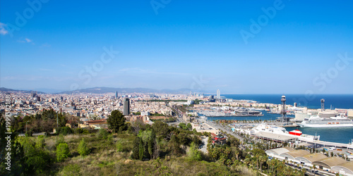 Photography Panoramic Cityscape of Barcelona with Port and Mediterranean Sea from Montjuic H