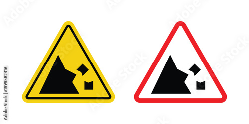 Falling rocks or debris warning road sign outlined. Flat fill icons