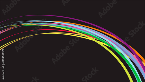 Colorful neon curved lines on dark background, abstract rainbow wave motion graphic design