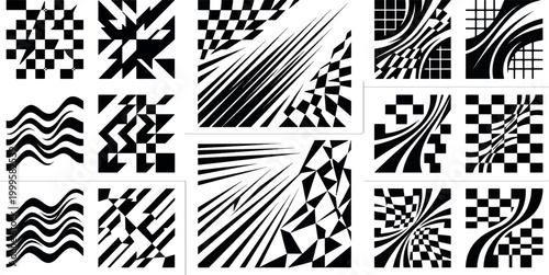 Set of abstract motorsport racing graphics with speed lines, checkered patterns and dynamic geometric shapes for sports design