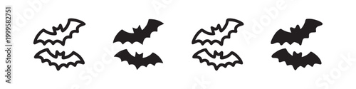 Flying Bat Icons Set in Outline Solid and Doodle Styles for Halloween Design